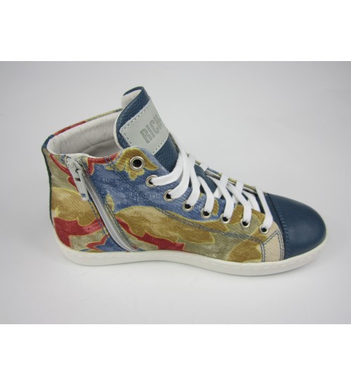 Deluxe handmade sneakers blue leather decorated fabric.